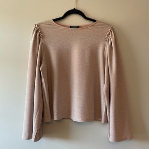 Express Blush Shimmer Long-Sleeve Ruched Shoulder Top